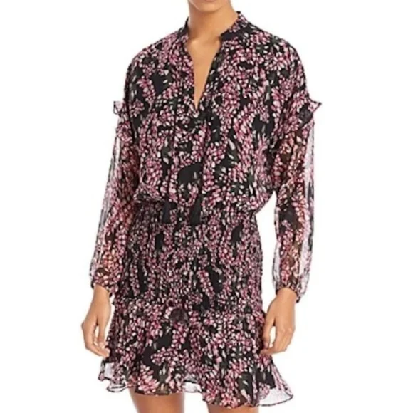 Women's AQUA Black Pink Floral Smocked Mini Dress S - Picture 3 of 9
